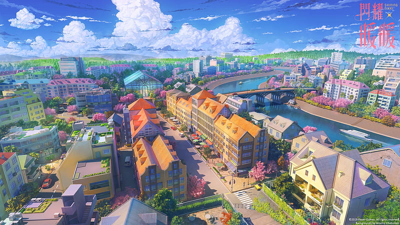 anime cityscape, artwork, buildings, toon shading, clouds, slice of life, Anime, HD wallpaper