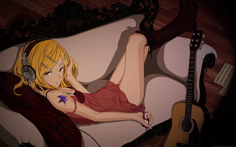 Just Chillin, vocaloid, female, music, tattoo, socks, game, blonde, butterfly, guitar, girl, couch, HD wallpaper