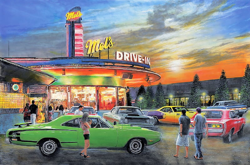 Mel's Drive-In, sun, sunset, sky, clouds, artwork, lights, carros, restaurant, people, painting, evening, HD wallpaper
