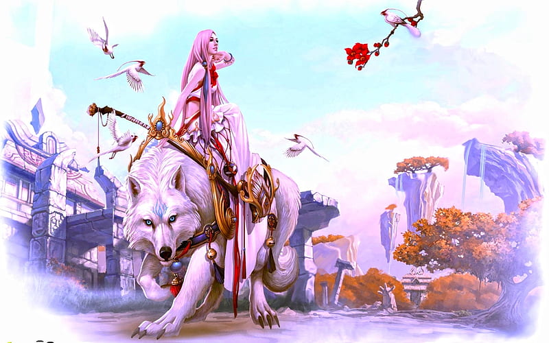 Wolf rider, fantasy, luminos, girl, game, lup, wolf, white, pink, HD wallpaper