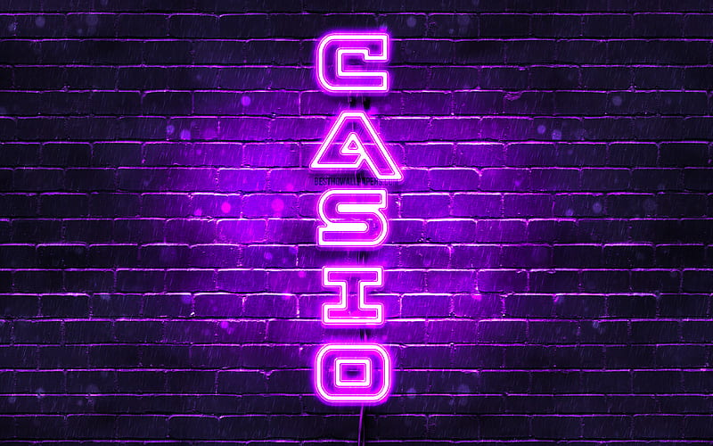 Casio violet logo, vertical text, violet brickwall, Casio neon logo, creative, Casio logo, artwork, Casio, HD wallpaper