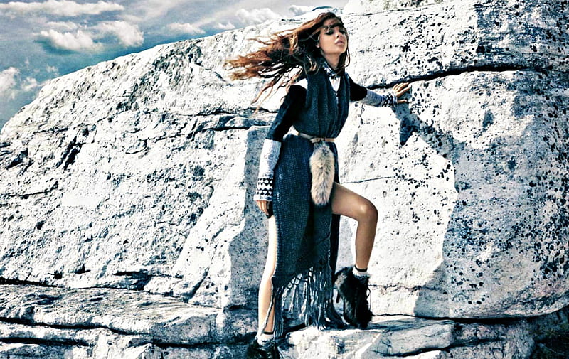 Barbara Palvin, model, rock, woman, winter, girl, stone, white, blue, HD wallpaper