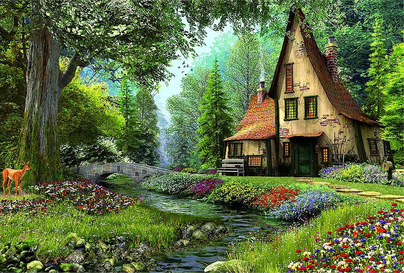 Fairy Tale, Flower, Tree, House, Bridge, Painting, Spring, Deer, Artistic, River, Magical, HD wallpaper
