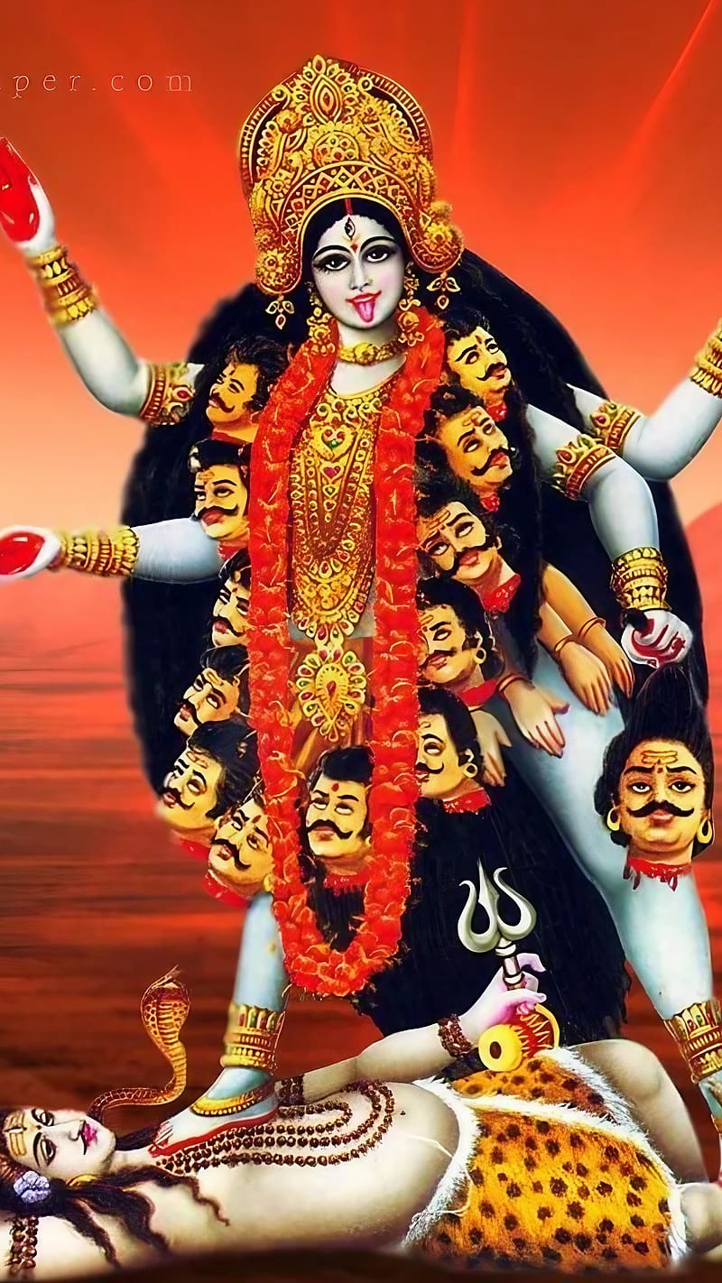 Kali Maa Ka, Orange Background, goddess, lord shiva, HD phone wallpaper