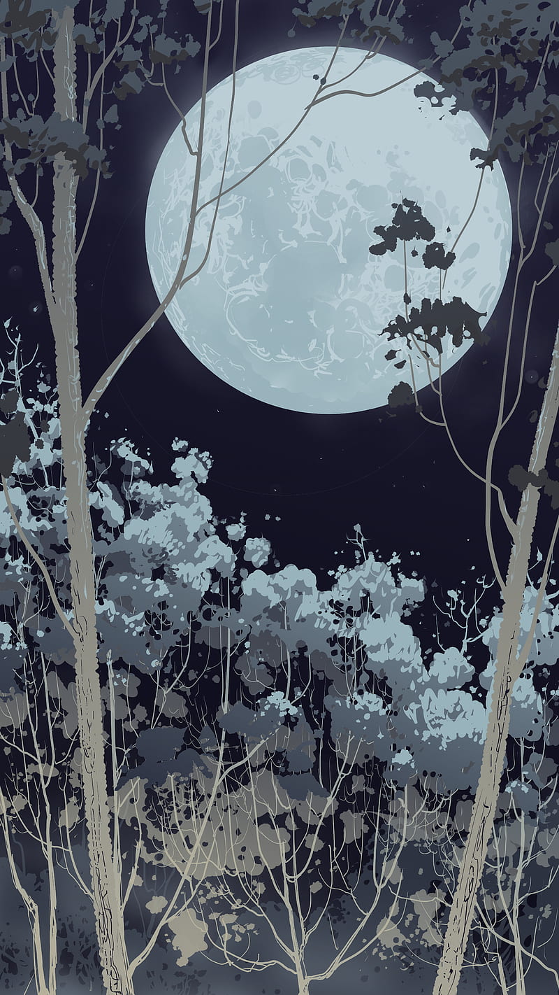full moon, forest, vector, night, HD phone wallpaper