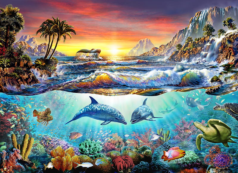 Sealife, dolphin, fantasy, water, fish, luminos, adrian chesterman, HD wallpaper