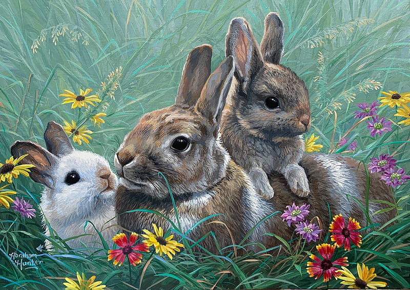 Patio de recreo del conejito, césped, pintura, conejos, Flores, Flores,  Obra de arte, Fondo de pantalla HD | Peakpx