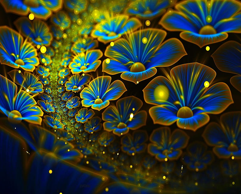 Fractal, 3d, abstract, blue, flowers, gold, HD wallpaper