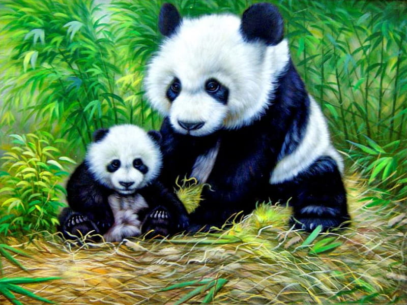 Mother and child, family, forest, art, bear, bonito, adorable, mother, bamboo, sweet, panda, cute, love, painting, child, HD wallpaper