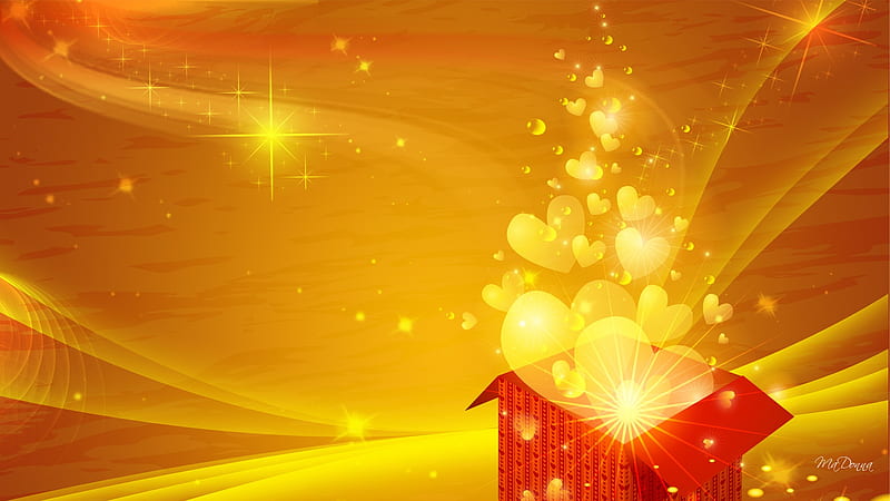Golden Heart Explosion, valentines day, stars, streaks, yellow, box, layers, silk, corazones, gold, smoke, HD wallpaper
