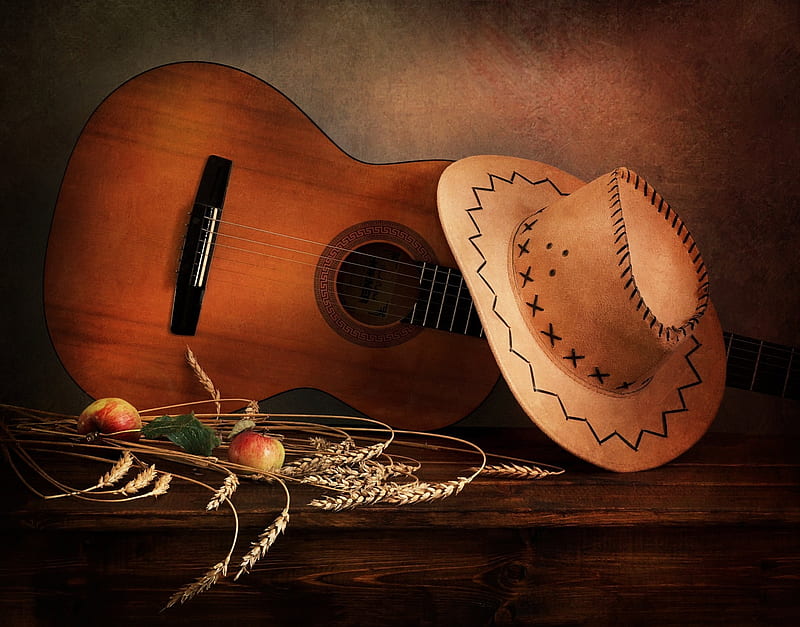 Guitar and hat, instrument, cowboy, guitar, hat, HD wallpaper