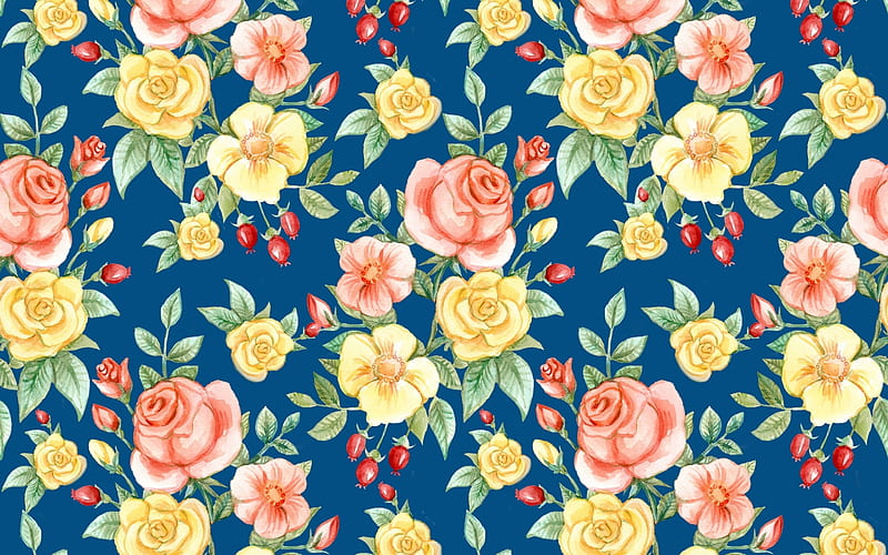 Texture, flower, yellow, paper, pink, blue, pattern, red, rose, berry, HD wallpaper