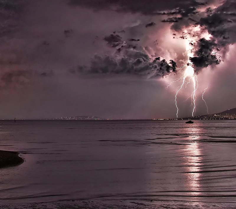 Purple Ocean, dark clouds, lightning, nature , thunder, HD wallpaper
