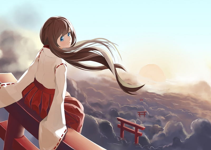 Morning Sun, pretty, flow, breeze, adorable, sweet, nice, yukata, shrine, anime, beauty, anime girl, long hair, gate, lovely, wind, sky, cute, sit, windy, scenic, dress, bonito, scenery, female, cloud, horizon, view, brown hair, kimono, kawaii, girl, flowing, sitting, scene, HD wallpaper