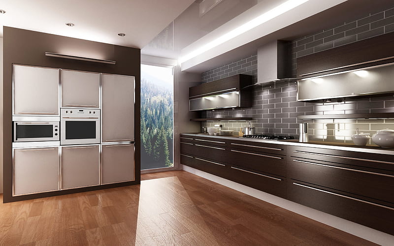 modern kitchen design, modern interior, brown kitchen, brown wardrobes, HD wallpaper