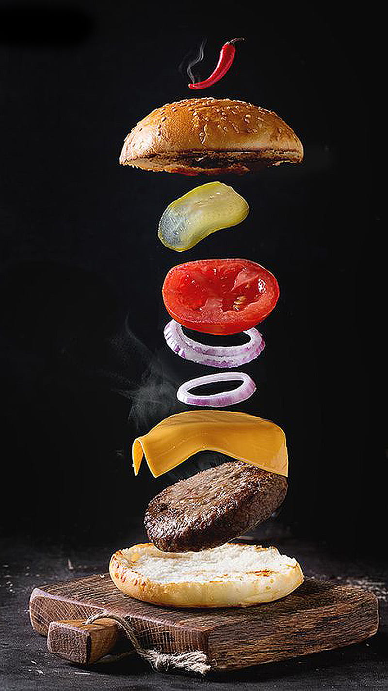 Flying burger, food, red, smoke, HD phone wallpaper