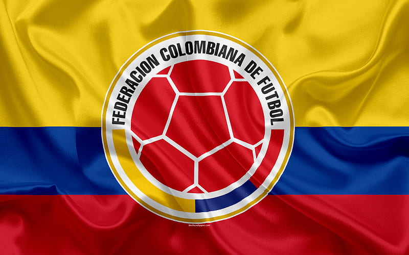 Colombia national football team, logo, emblem, flag of Colombia, football federation, World Championship, football, silk texture, HD wallpaper