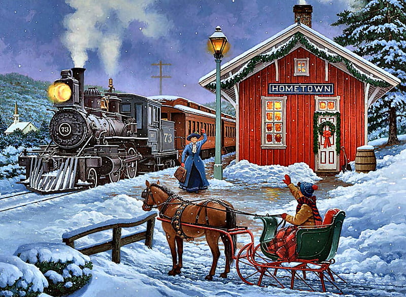 Coming Home F2, Christmas, December, equine, illustration, artwork, depot, train, painting, wide screen, scenery, art, holiday, horse, winter, engine, snow, station, occasion, HD wallpaper