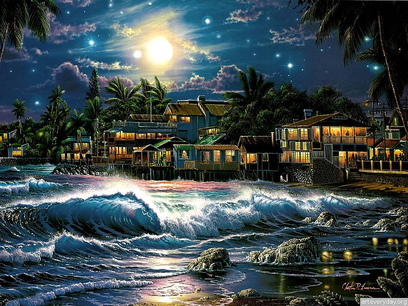 Nightr Skies Over the Ocean City, city, ocean, dark, skies, house, painting, HD wallpaper