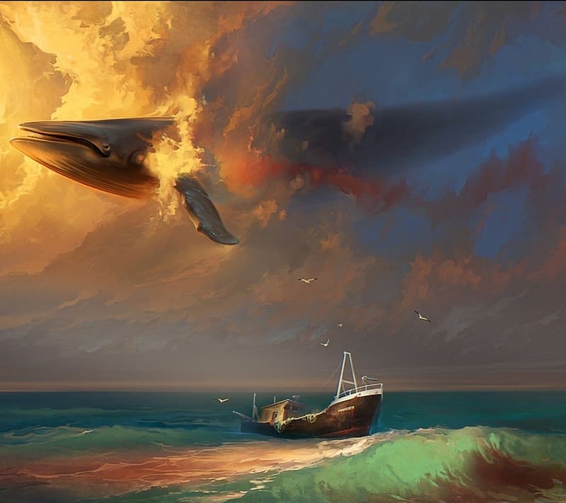 Ship, Artistic, Whale, Surrealism, Surreal, Trippy, Fantasy Animals, HD wallpaper