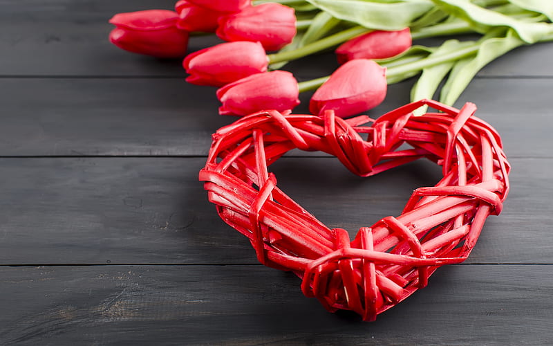 red woven heart, love concepts, heart of branches, red tulips, red flowers, HD wallpaper