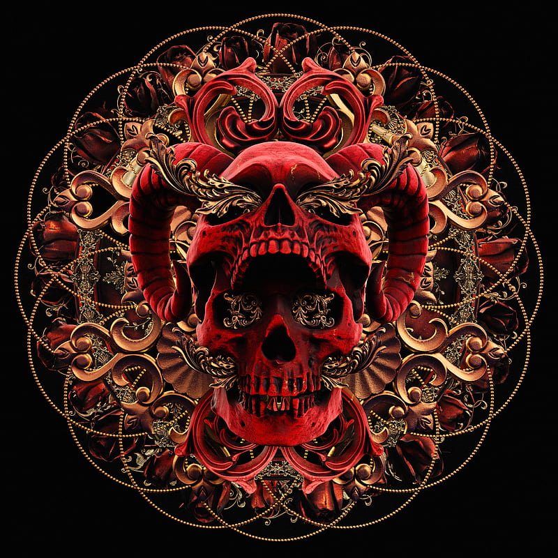 billelis, dark, religion, death, skull, gold, red, HD phone wallpaper