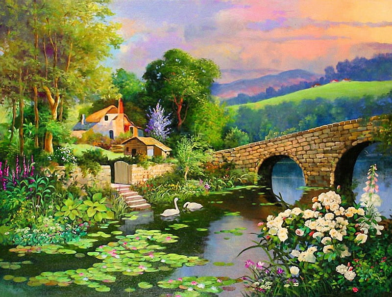 Lovely lake house, pretty, cottage, cabin, bonito, mountain, leaves, nice, calm, bridge, stone, painting, flowers, art, quiet, lovely, greenery, lilies, lonely, sky, trees, swans, pond, serenity, paradise, peaceful, nature, HD wallpaper