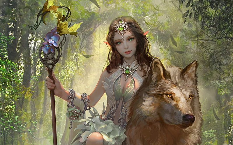 The Elven Princess, art, forest, wolf, girl, digital, HD wallpaper