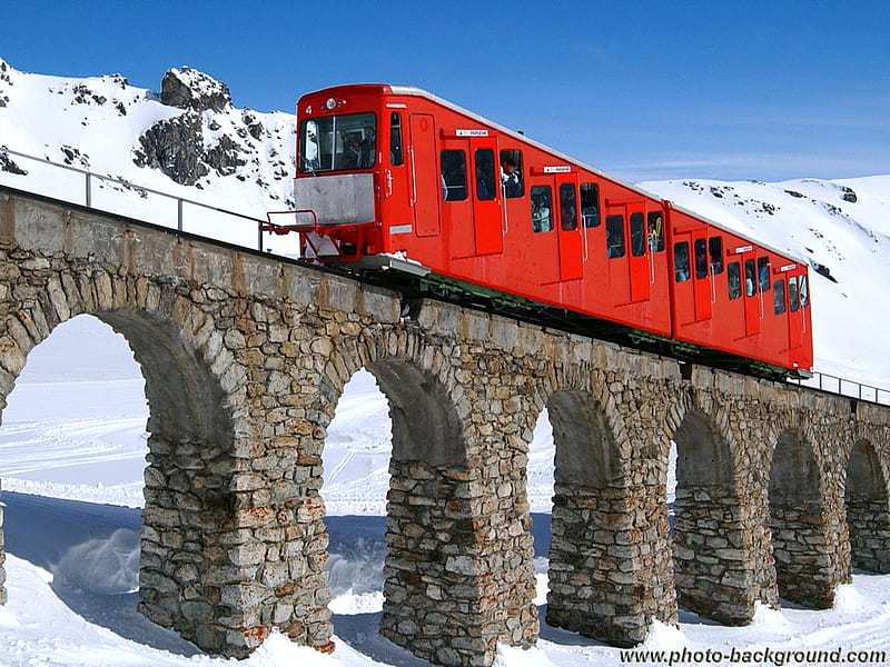 railway, red, train, snow, bridge, HD wallpaper