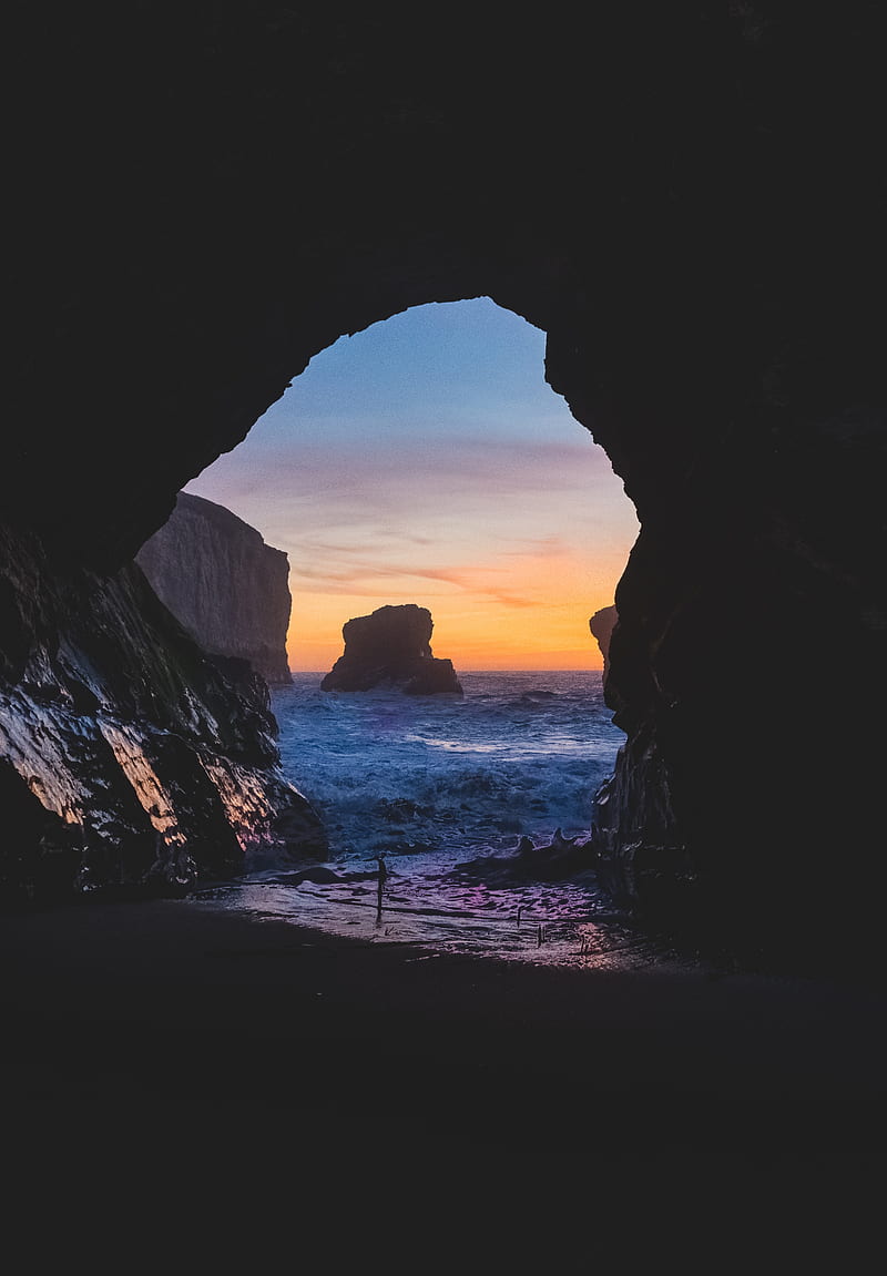 cave, rocks, sea, sunset, HD phone wallpaper