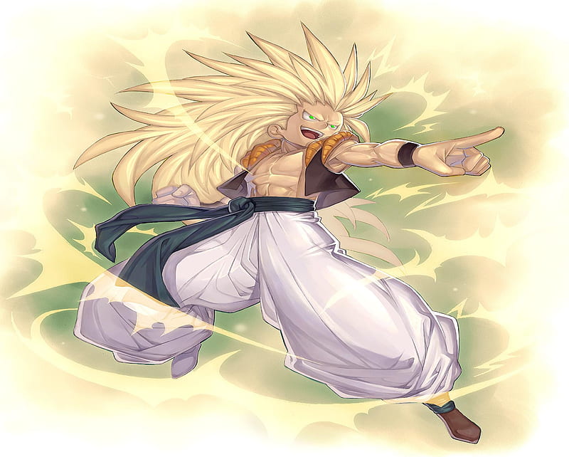 Gotenks, dbz, green eyes, trunks, pointing, spiky hair, anime, long hair, super saiyans, ssj3, dragonballz, saiyan, open mouth, saiyans, smile, blonde hair, dragonballz kai, waistband, goten, wristbands, vest, HD wallpaper