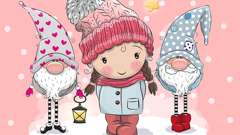 Little Sweetheart and Elves, gnomes, corazones, elves, February, Valentines Day, snow, little girl, pink, Firefox Persona theme, HD wallpaper
