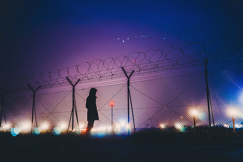 person's silhouette standing near chain link fence, HD wallpaper