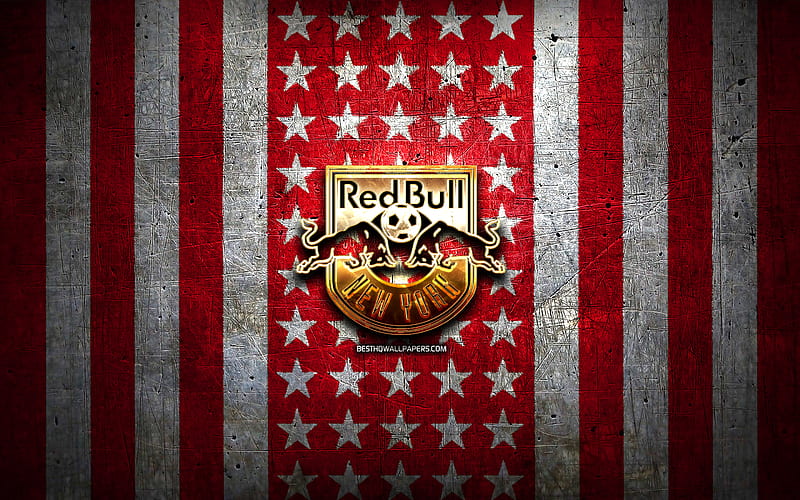 New York Red Bulls flag, MLS, red metal background, american soccer club, New York Red Bulls logo, USA, soccer, New York Red Bulls FC, golden logo, HD wallpaper