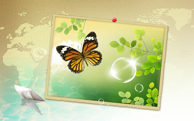 Spring Art !!!, 3d-art, boat, butterfly, green, background, water drop, abstract, leaf, HD wallpaper