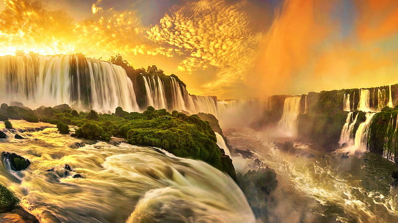 Iguazu Falls, Brazil, sky, cliff, rocks, cascades, clouds, sunset, HD wallpaper
