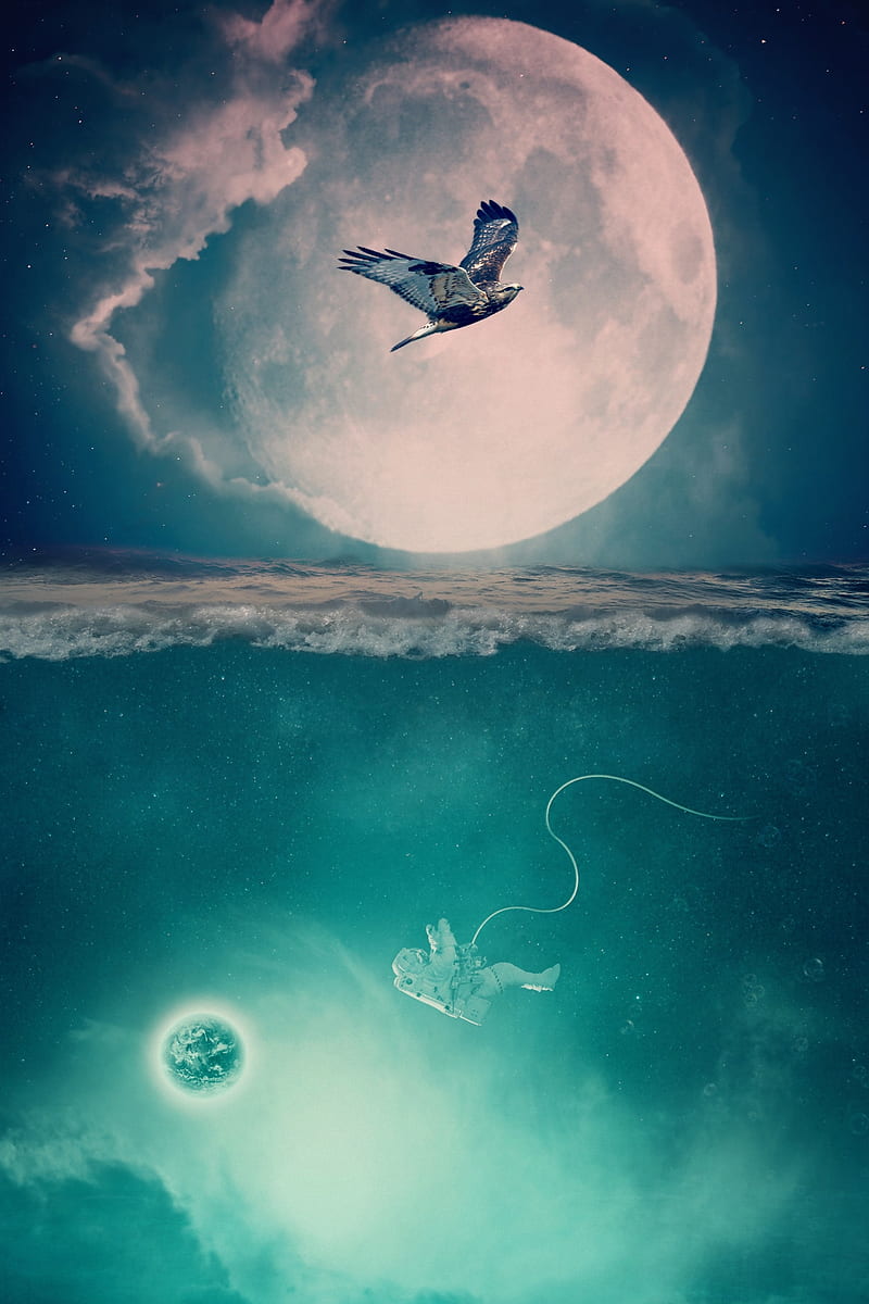 Lunar mare, GEN_Z__, astronaut, bird, blue, clouds, collage, cosmonaut, digital, digital-manipulation, drowning, eagle, earth, dom, full moon, green, hawk, lost in space, moon, ocean, perdition, manipulation, planet, sea, seabed, sky, space, wave, white, HD phone wallpaper