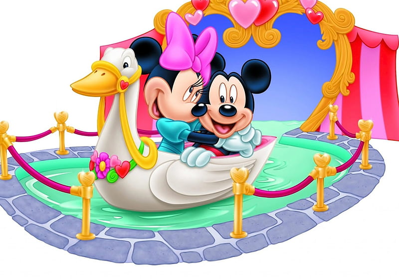 Mickey and Minnie, valentine, water, duck, mouse, love, minnie, white, pink, mickey, couple, disney, blue, HD wallpaper