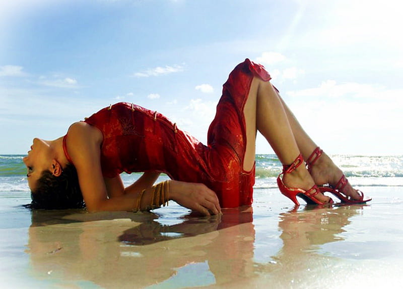 Stilettos on the beach, red, dress, heels, beach, sand, high heels, pumps, stilettos, fashion, shoes, HD wallpaper