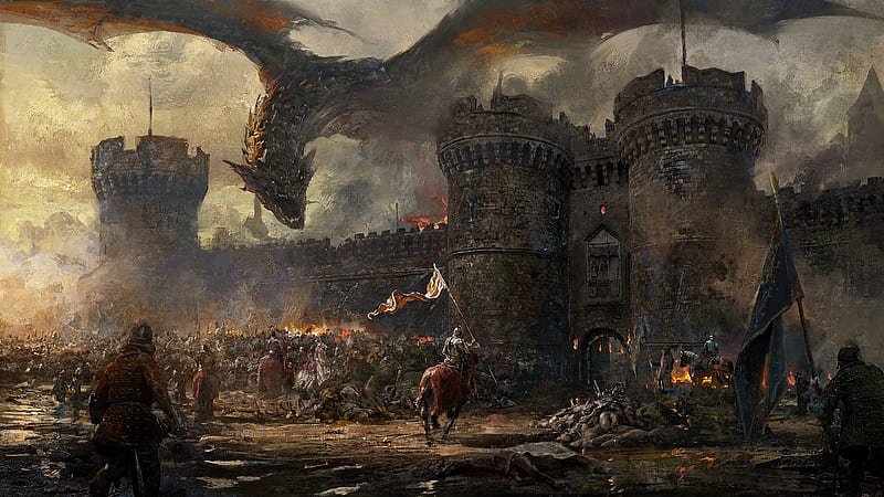 Dragon's attack, dragon, castle, medieval, art, fantasy, luminos, HD wallpaper