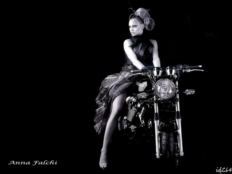 Anna-Falchi-92, bike and babe, black and white, model and bike, autobabe, HD wallpaper