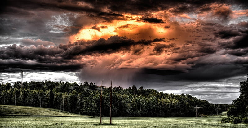 clouds at sunset, sunset, light pylons, clouds, field, HD wallpaper