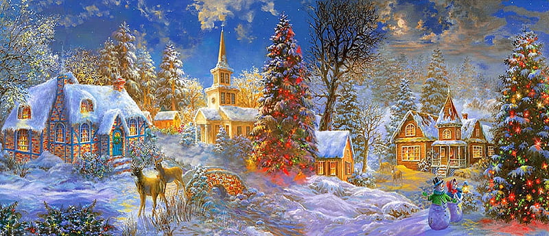 The Stillness of Christmas, villages, Christmas, cottages, snowmen, holidays, Christmas Tree, love four seasons, winter, deer, xmas and new year, paintings, snow, churches, HD wallpaper
