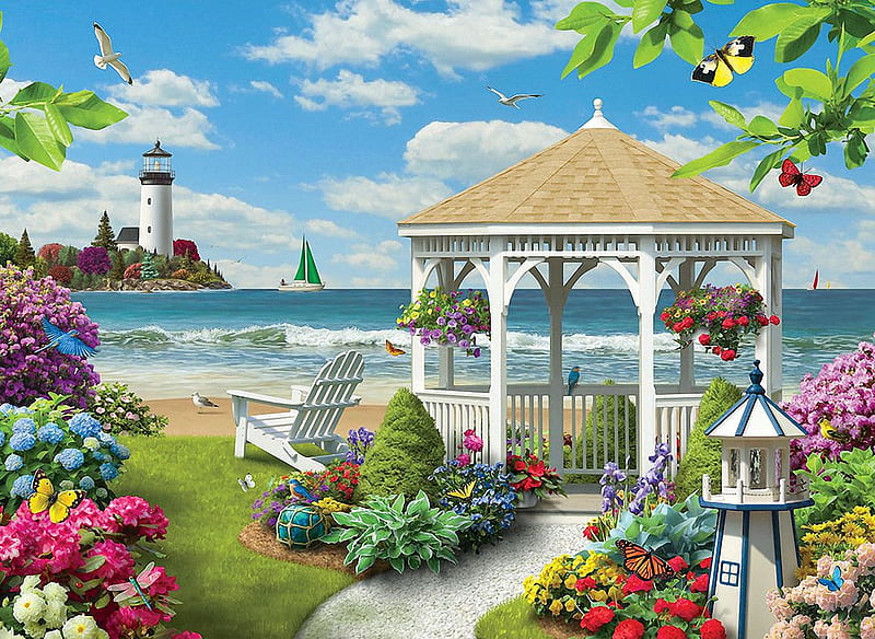 Oceanside View, beach, armchair, flowers, butterflies, gazebo, seagulls, artwork, lighthouse, painting, HD wallpaper