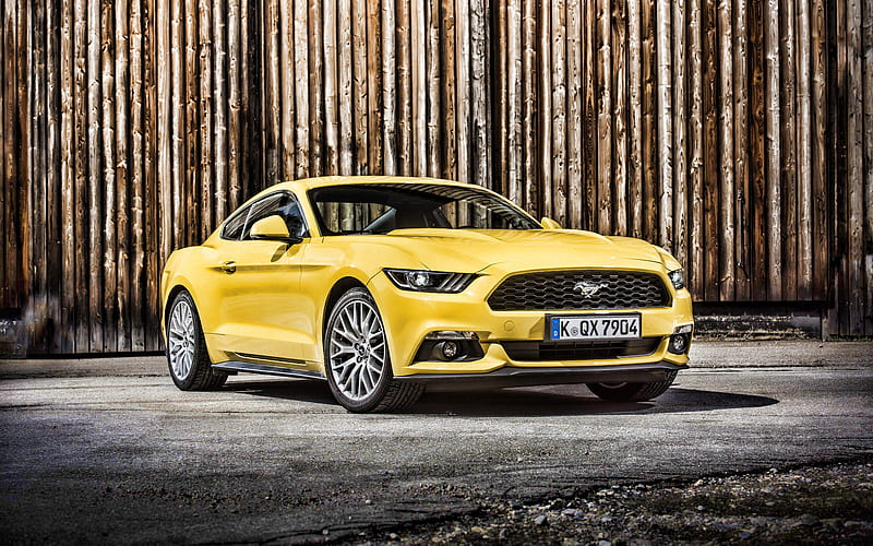 Ford Mustang, R, parking, 2019 cars, supercars, yellow Mustang, 2019 Ford Mustang, american cars, Ford, HD wallpaper