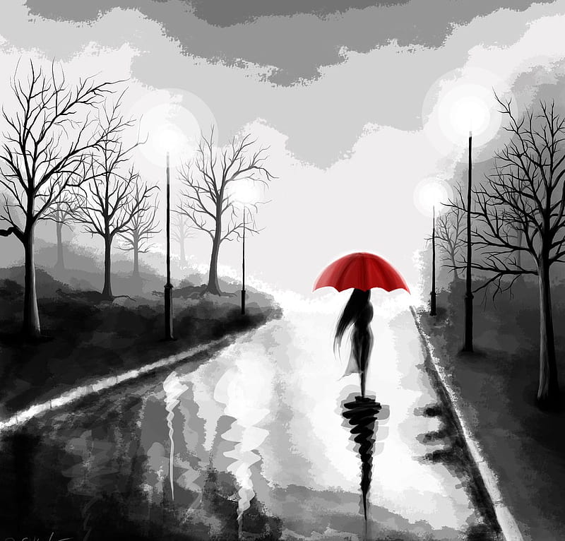 Rain Walk, red, wet, umbrella, sky, woman, painting, walk, rain, way, HD wallpaper