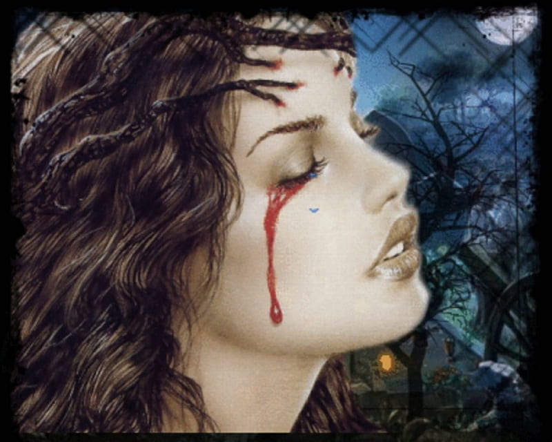 tristesse, sad, tears, sorrow, face, woman, night, blood, HD wallpaper