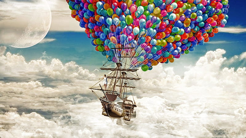 Fantasy, red, cloud, yellow, rainbow, creative, sky, situation, moon, green, ship, balloons, white, pink, blue, HD wallpaper