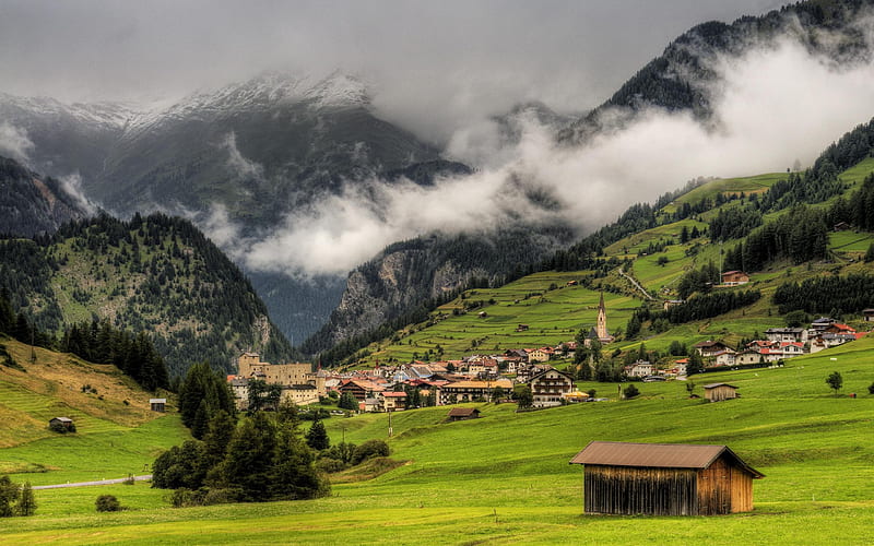 Landscape, architecture, house, grass, bonito, clouds, valley, splendor, green, village, beauty, road, lovely, view, houses, colors, church, sky, trees, tree, mountains, peaceful, nature, field, HD wallpaper