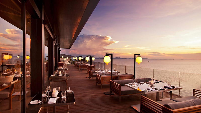 superb seaside restaurant, tables, restaurant, sunset, clouds, lights, terrace, sea, HD wallpaper